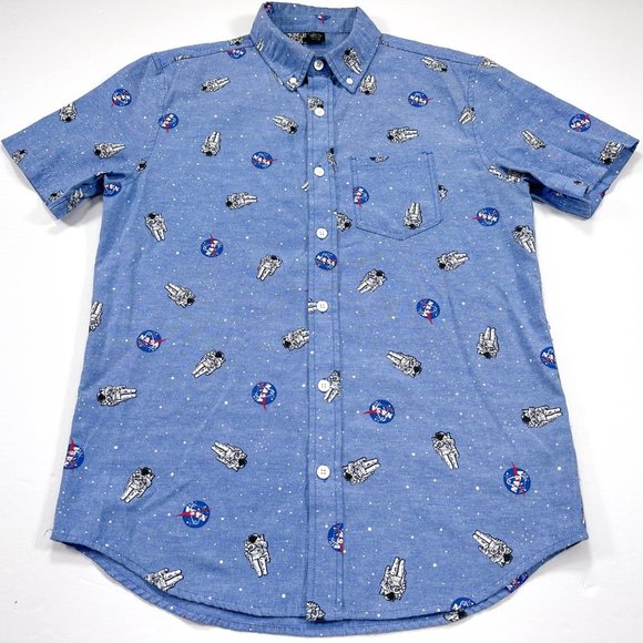 NASA Logo Shirt Small Button Down Short Sleeve Blue ASTRONAUTS Outer Space - Picture 2 of 4